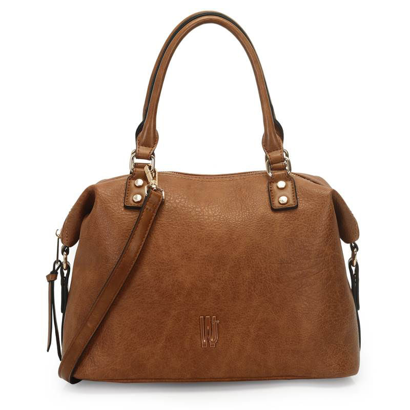Bolsa WJ caramelo vista frontal em material sintético com alça dupla, alça tiracolo e ferragens douradas